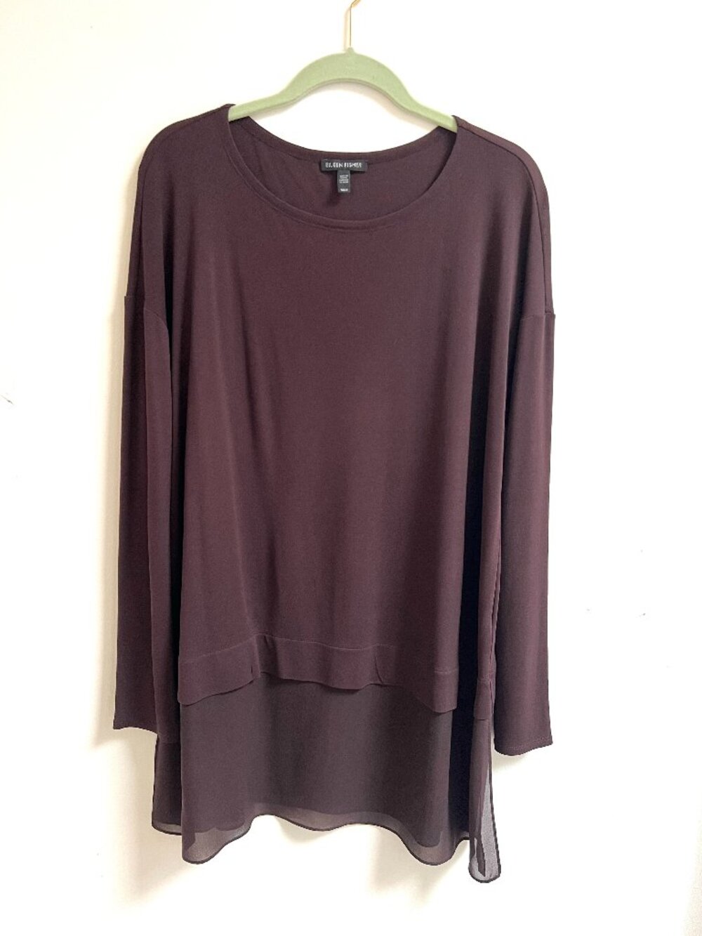 Eileen Fisher Plum Purple Layered Silk Crepe Hem Long Sleeve Tunic Top M